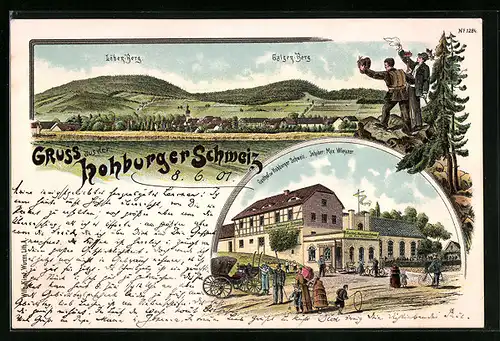 Lithographie Hohburg b. Wurzen, Gasthof zur Hohburger Schweiz, Ortsansicht mit Bergen