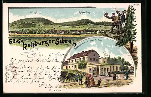 Lithographie Hohburg b. Wurzen, Ortsansicht mit Bergen, Gasthof zur Hohburger Schweiz