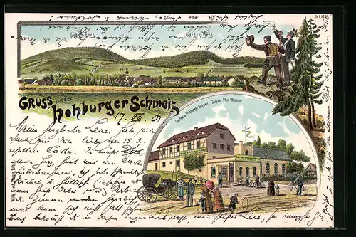 Lithographie Hohburg b. Wurzen, Ortsansicht mit Löben- u. Galgenberg, Gasthof zur Hohburger Schweiz