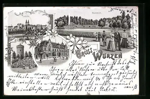 Lithographie Wurzen, Post, Park-Teich, Schloss