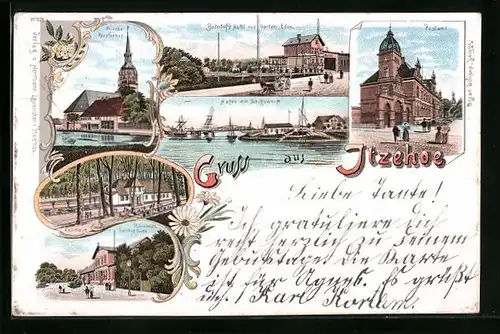 Lithographie Itzehoe, Bahnhofs-Hotel mit Garten Eden, Gasthof Sude, Hafen mit Werft