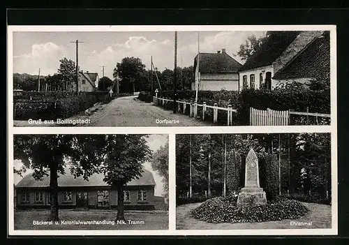 AK Bollingstedt, Dorfpartie, Bäckerei Tramm, Ehrenmal