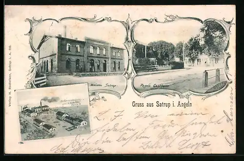 AK Satrup i. Angeln, Meierei Satrup, Pagels Gasthaus, Fleischwarenfabrik