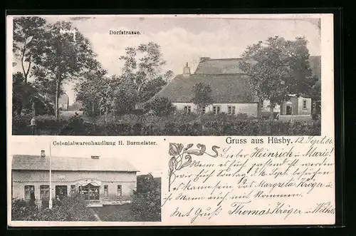 AK Hüsby, Dorfstrasse und Gemischtwarenhandlung Burmeister