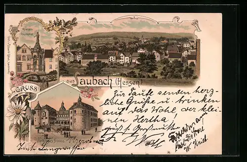 Lithographie Laubach /Hessen, Ortsansicht, Krieger-Denkmal, Gräfliches Schloss