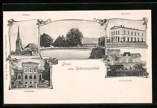 AK Schwarzenbek, Bahnhof, Sparkasse, Privatschule