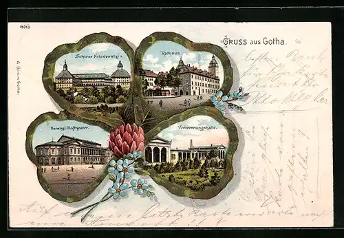 Passepartout-Lithographie Gotha, Schloss Friedenstein, Rathaus und Verbrennungshalle im Kleeblatt