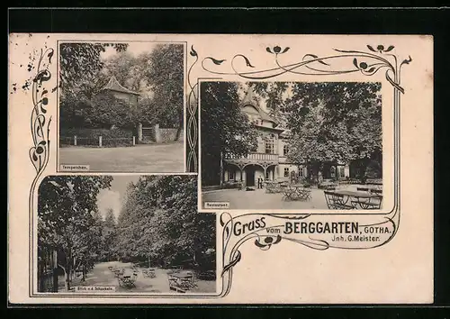 AK Gotha, Restaurant Berggarten, Blick nach den Schaukeln, Tempelchen