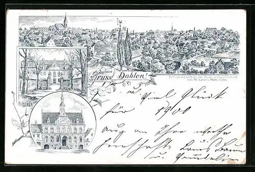 Lithographie Dahlen, Teilansicht, Schloss, Rathaus
