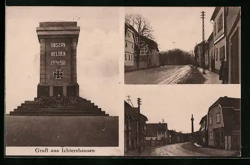 AK Ichtershausen, Strassenpartien mit alten Häusern, Denkmal