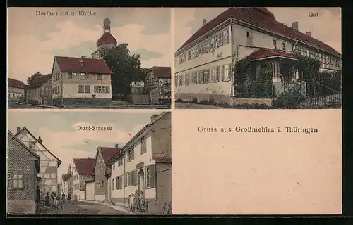 AK Grossmehlra i. Thüringen, Gut, Dorfpartie mit Kirche, Dorf-Strasse