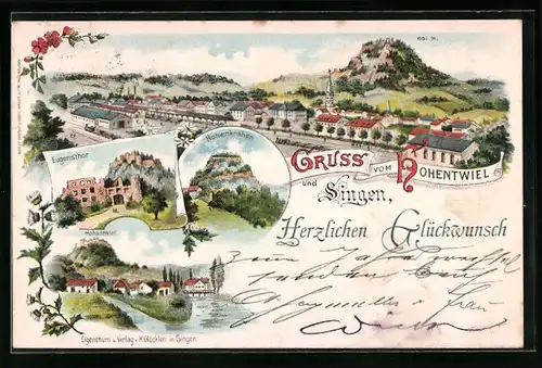 Lithographie Singen, Hohentwiel, Hohenkrähen, Eugenstor, Glückwunsch