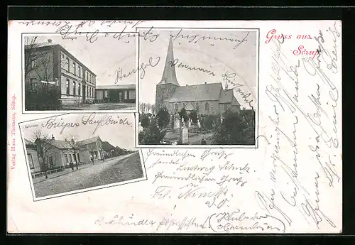 AK Sörup, Bahnhofhotel, Kirche, Dorfstrasse