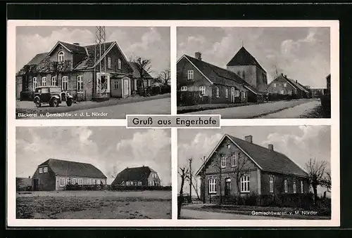 AK Engerhafe, Bäckerei und Gemischtwarenhandlung v. J. L. Nörder, Gemischtwarenhandlung von M. Nörder, Ortspartie