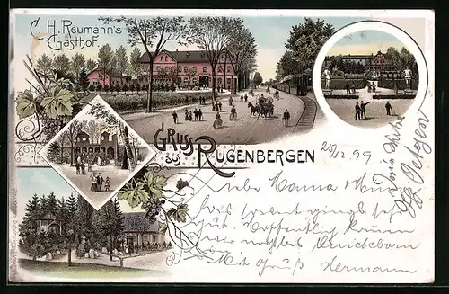 Lithographie Rugenbergen, Gasthof C. H. Reumann, Garten, Eingang