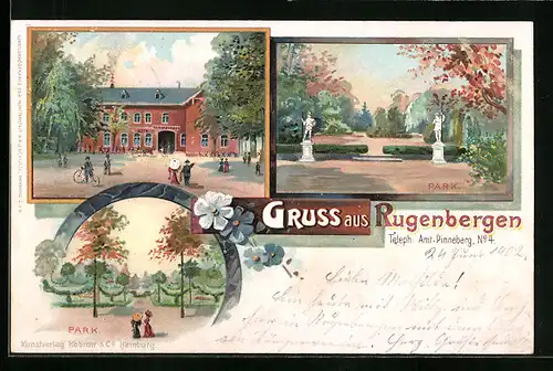 Lithographie Rugenbergen, Gasthaus Rugenbergen, Parkpartien