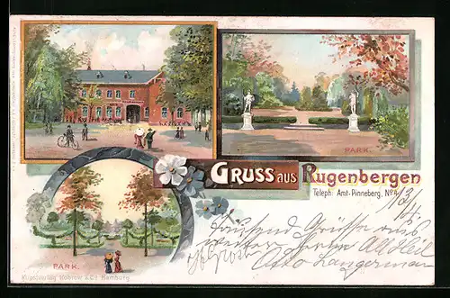 Lithographie Rugenbergen, Gasthaus Rugenbergen, Parkpartien