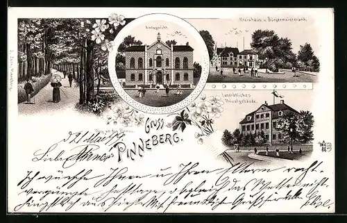 Lithographie Pinneberg, Landrätliches Privatgebäude, Kreishaus und Bürgermeisteramt, Amtsgericht