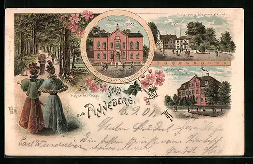 Lithographie Pinneberg, Landrätliches Privatgebäude, Kreishaus und Bürgermeisteramt, Amtsgericht