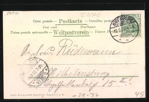 Passepartout-Lithographie Ahrensburg, Schloss Ahrensburg, Schlosspark-Partie und Kirche im Kleeblatt