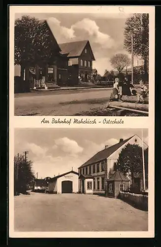 AK Mohrkirch-Osterholz, Bahnhofs-Hotel und Bahnhofsgebäude