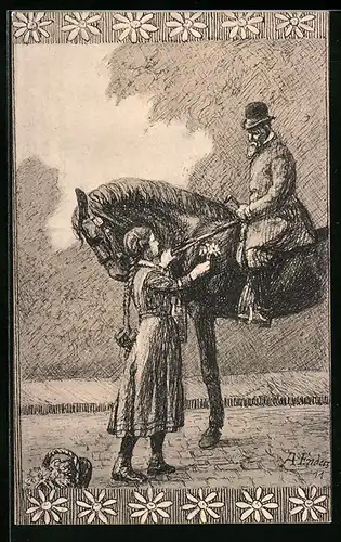 Künstler-AK Plauen, Margaretentag am 25.03.1911, Mädchen überreicht Reiter eine Blume