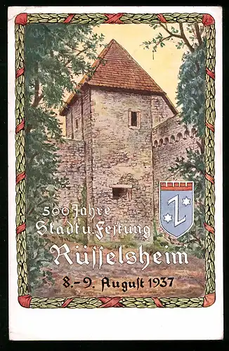 Künstler-AK Rüsselsheim, Festpostkarte zum 75 jährigen Geschäftsjubiläum der Adam Opel A. G. 1937