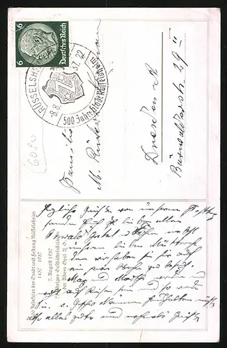 Künstler-AK Rüsselsheim, Festpostkarte zum 75 jährigen Geschäftsjubiläum der Adam Opel A. G. 1937