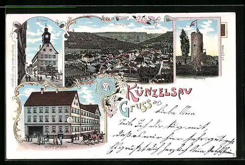 Lithographie Künzelsau, Gasthof zur Glocke, Rathaus, Wartberg