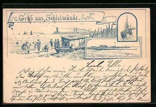 Lithographie Schleimünde, Strandpartie, Küstenpartie, Segelschiff