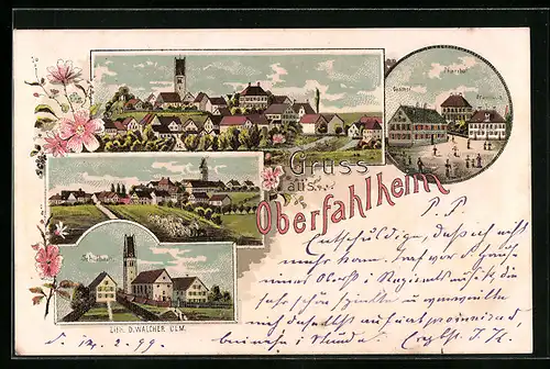 Lithographie Oberfahlheim, Gasthof mit Brauhaus und Pfarrhof, Schulhaus, Teilansicht