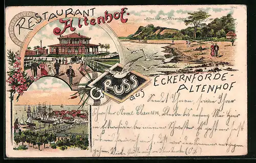 Lithographie Eckernförde-Altenhof, Restaurant Altenhof, Altenhof mit Mövenberg, Hafen