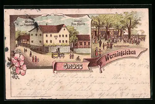 Lithographie Werningsleben, Gasthaus zum Preussischen Hof, Gartenwirtschaft