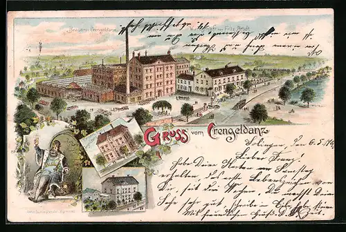 Lithographie Crengeldanz, Brauerei Crengeldanz und Gasthaus von Fritz Brodt, Kaiserliche Post, Ortspartie