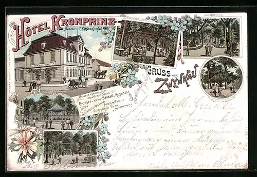 Lithographie Zwenkau, Hotel Kronprinz, Rötschkes Ruhe, Konzertgarten
