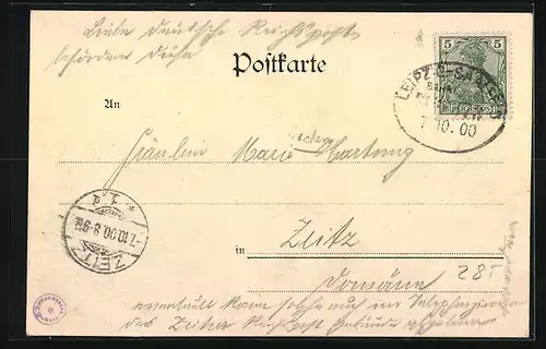 Lithographie Crossen a. Elster, Bahnhofs-Gasthaus Otto Lieberwirrn und Bahnhof, Blick vom Mühlberg auf den Ort