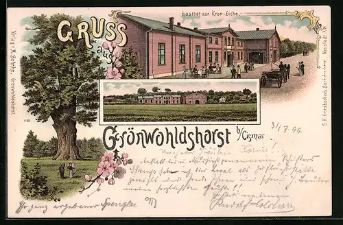 Lithographie Grönwohldshorst b. Cismar, Gasthof zur Kron-Eiche, Ortspartien