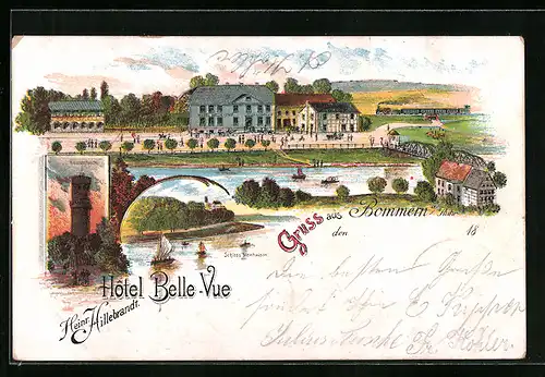 Lithographie Bommern a. Ruhr, Hotel Belle-Vue, Schloss Steinhausen, Helenenturm