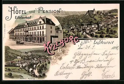 Lithographie Kyllburg /Eifel, Hotel und Pension Eilerhof, Schloss Malberg, Teilansicht