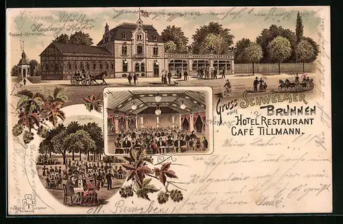 Lithographie Schwelm, Hotel Restaurant Cafe Schwelmer Brunnen und Gesund-Brunnen, Inneres Saal, Garten