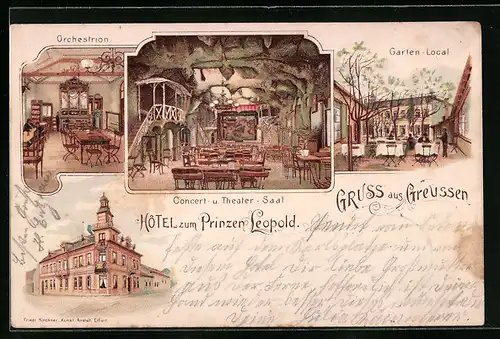 Lithographie Greussen, Hotel zum Prinzen Leopold, Concert- u. Theater-Saal, Restaurant