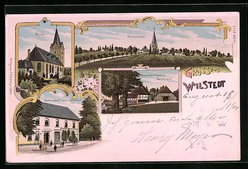 Lithographie Wilstedt, Hottendorf`s Geschäftshaus, Niedersächsischer Bauernhof