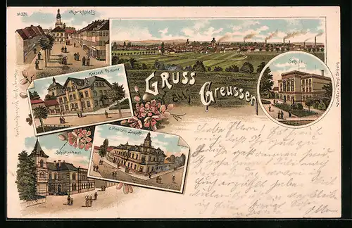 Lithographie Greussen, Schützenhaus, Schule, Marktplatz