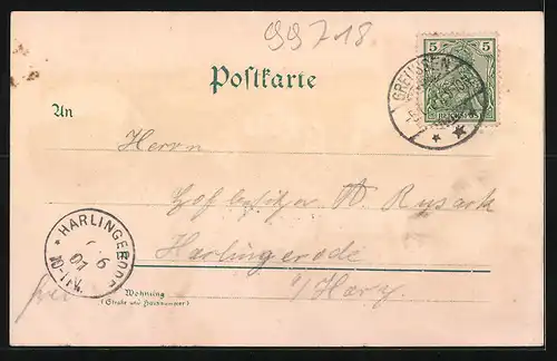 Lithographie Greussen, Schützenhaus, Schule, Marktplatz