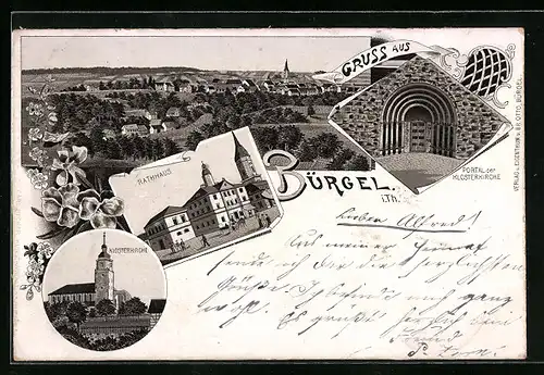 Lithographie Bürgel, Klosterkirche, Rathaus