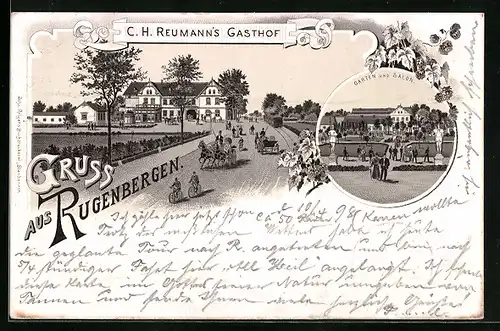 Lithographie Rugenbergen, C. H. Reumann`s Gasthof, Garten und Salon