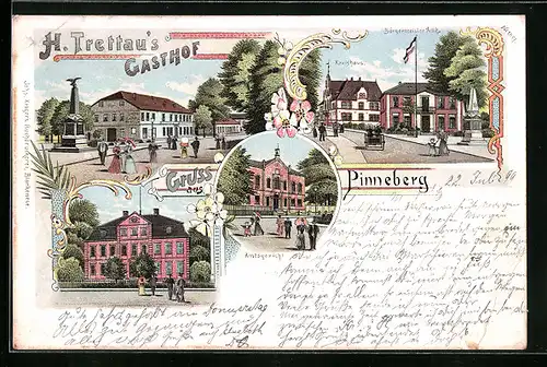 Lithographie Pinneberg, H. Trettau`s Gasthof, Amtsgericht