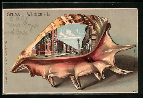 Präge-Lithographie Winsen a. L., Strassenpartie in einer Muschel