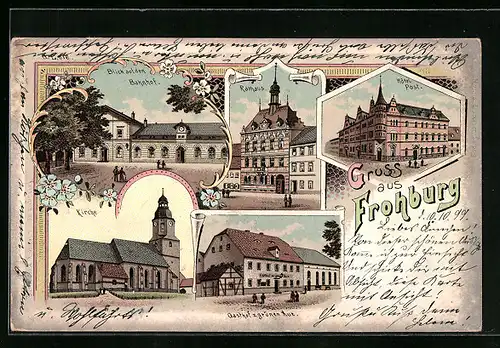 Lithographie Frohburg, Kirche, Gasthof zur grünen Aue, Hotel Post, Blick auf den Bahnhof