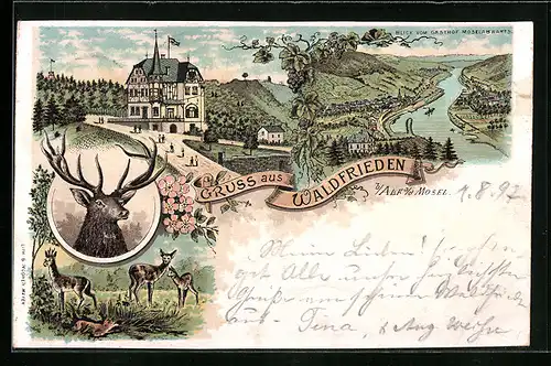 Lithographie Alf /Mosel, Gasthof Waldfrieden, Blick Moselabwärts, Hirsch